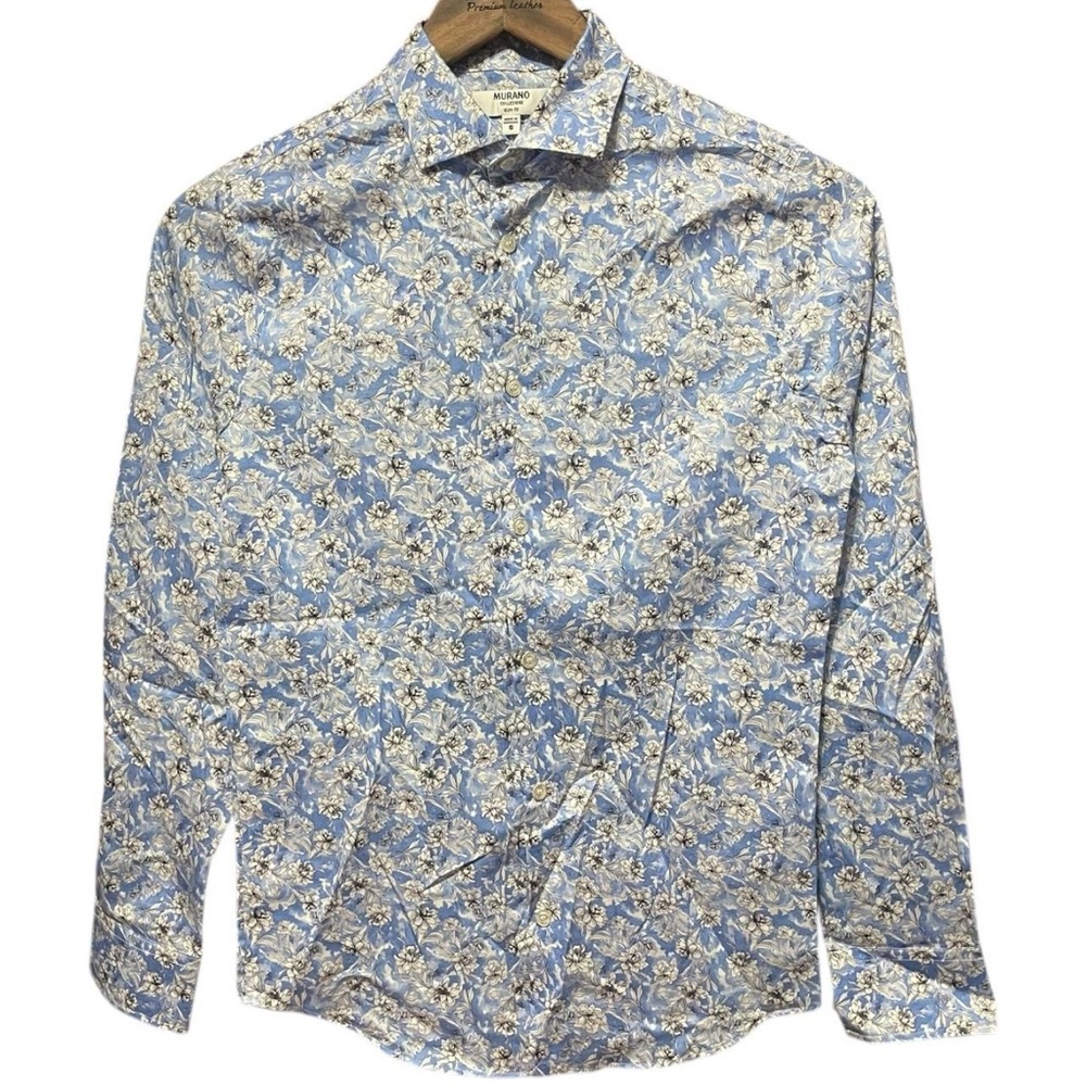 blue floral all over print pattern Murano Collezione 
button up dress shirt top